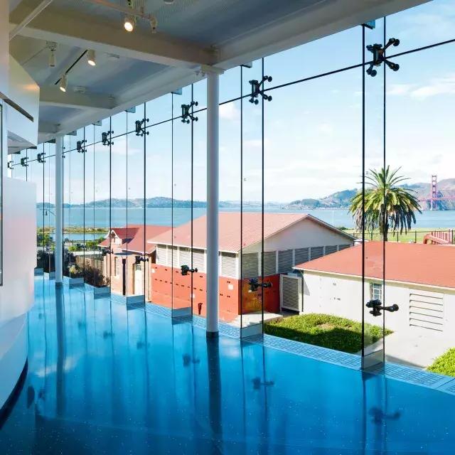 Glass walls revealing view of the Presidio at the Walt Disney Family Museum 